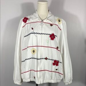 Alfred Dunner Floral Embroidered White Zip Front Jacket size 14